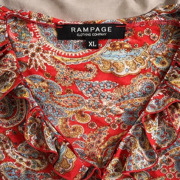 Rampage XL Paisley Boho Blouse Bell Sleeve Ruffle Top Red Blue Gold Women's XL - Picture 3 of 5